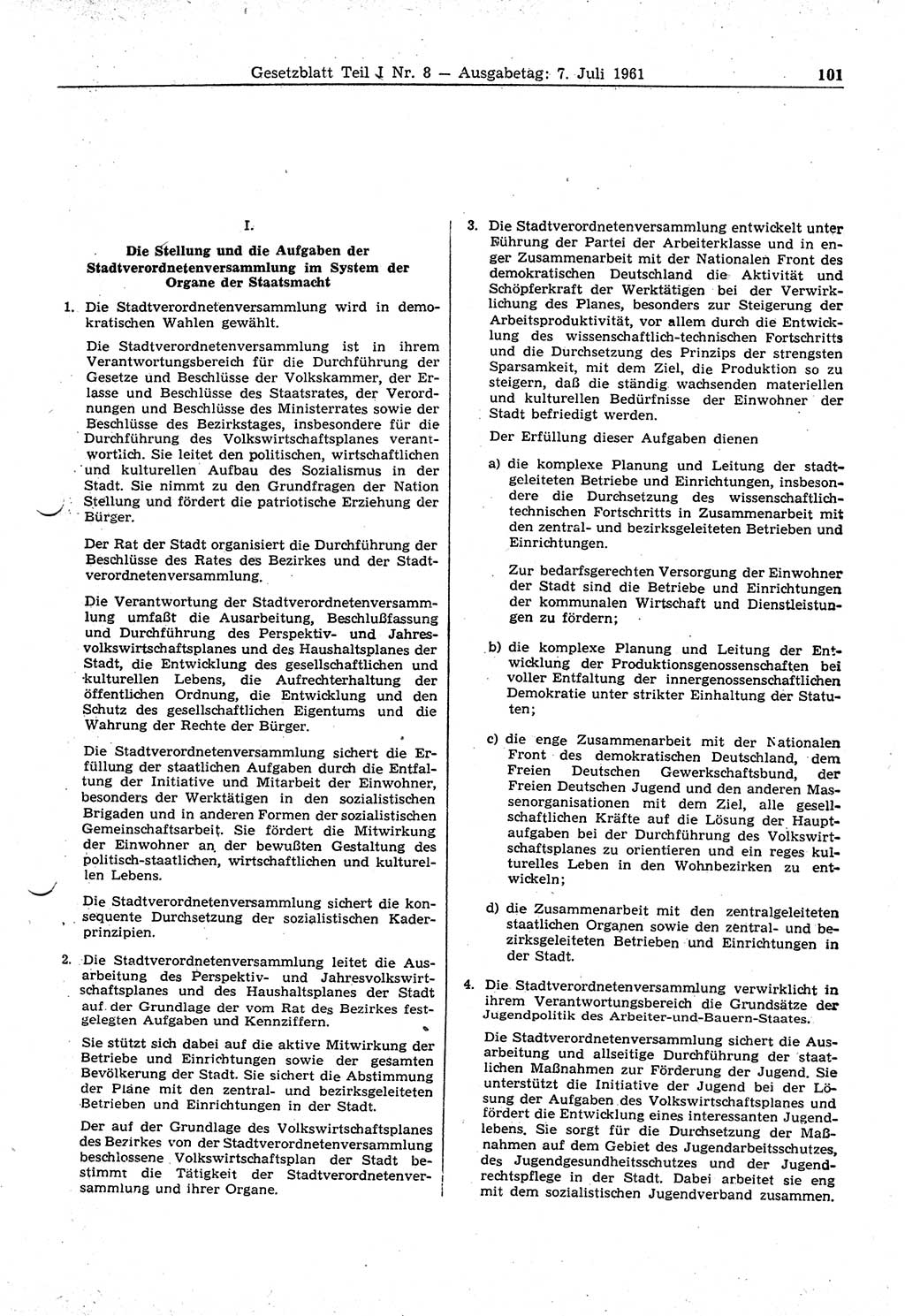 Gesetzblatt (GBl.) der Deutschen Demokratischen Republik (DDR) Teil Ⅰ 1961, Seite 101 (GBl. DDR Ⅰ 1961, S. 101)