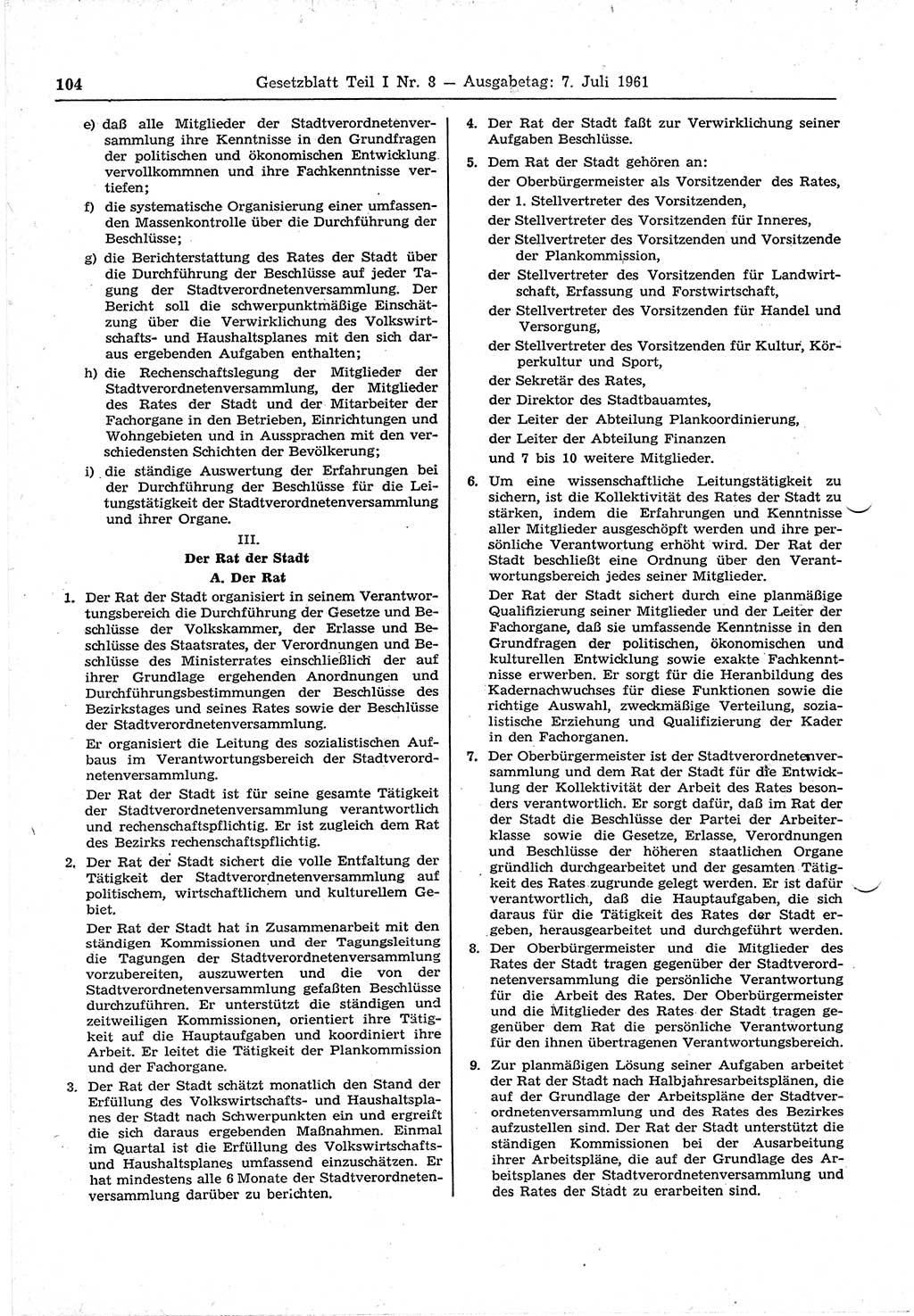 Gesetzblatt (GBl.) der Deutschen Demokratischen Republik (DDR) Teil Ⅰ 1961, Seite 104 (GBl. DDR Ⅰ 1961, S. 104)