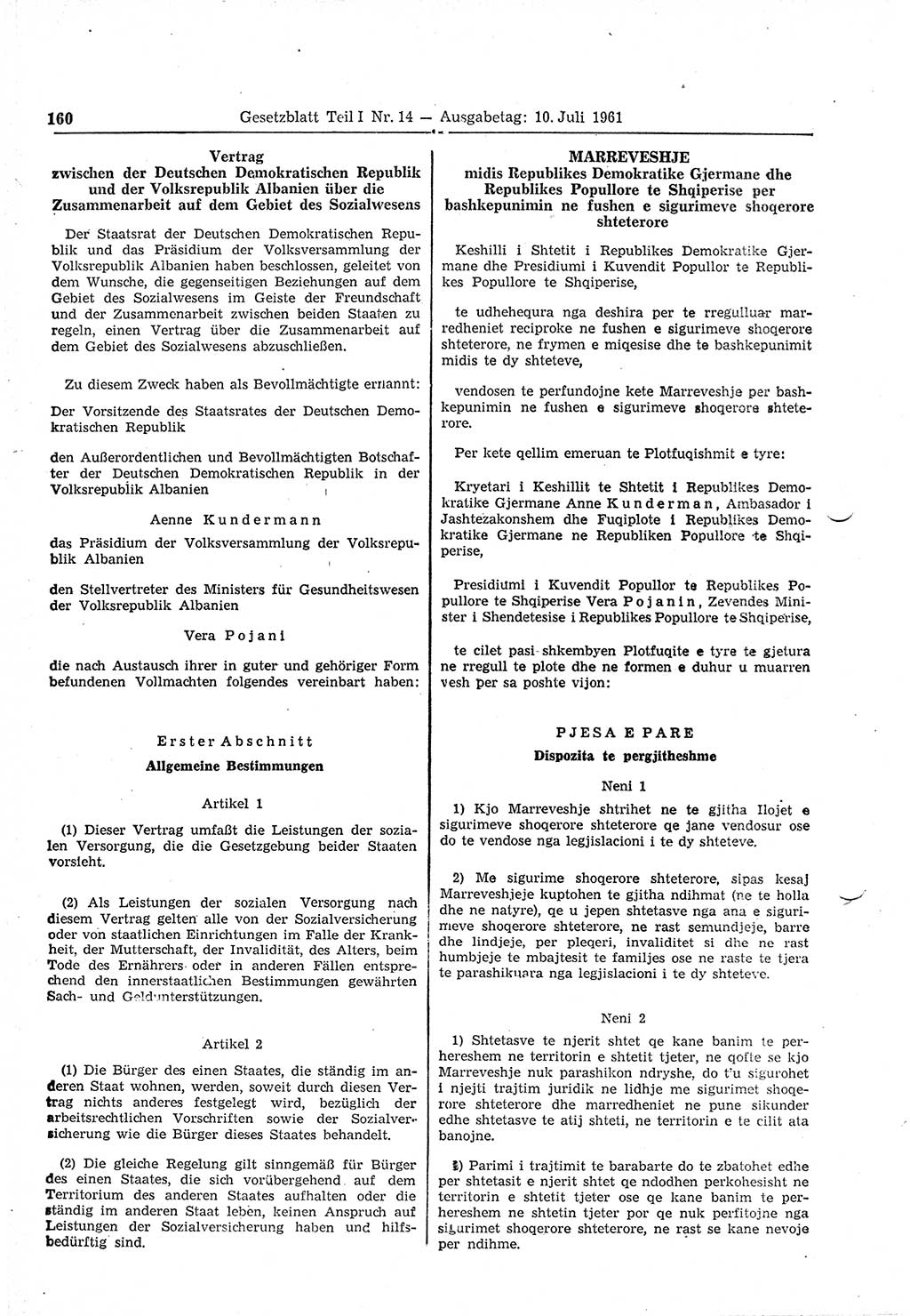Gesetzblatt (GBl.) der Deutschen Demokratischen Republik (DDR) Teil Ⅰ 1961, Seite 160 (GBl. DDR Ⅰ 1961, S. 160)
