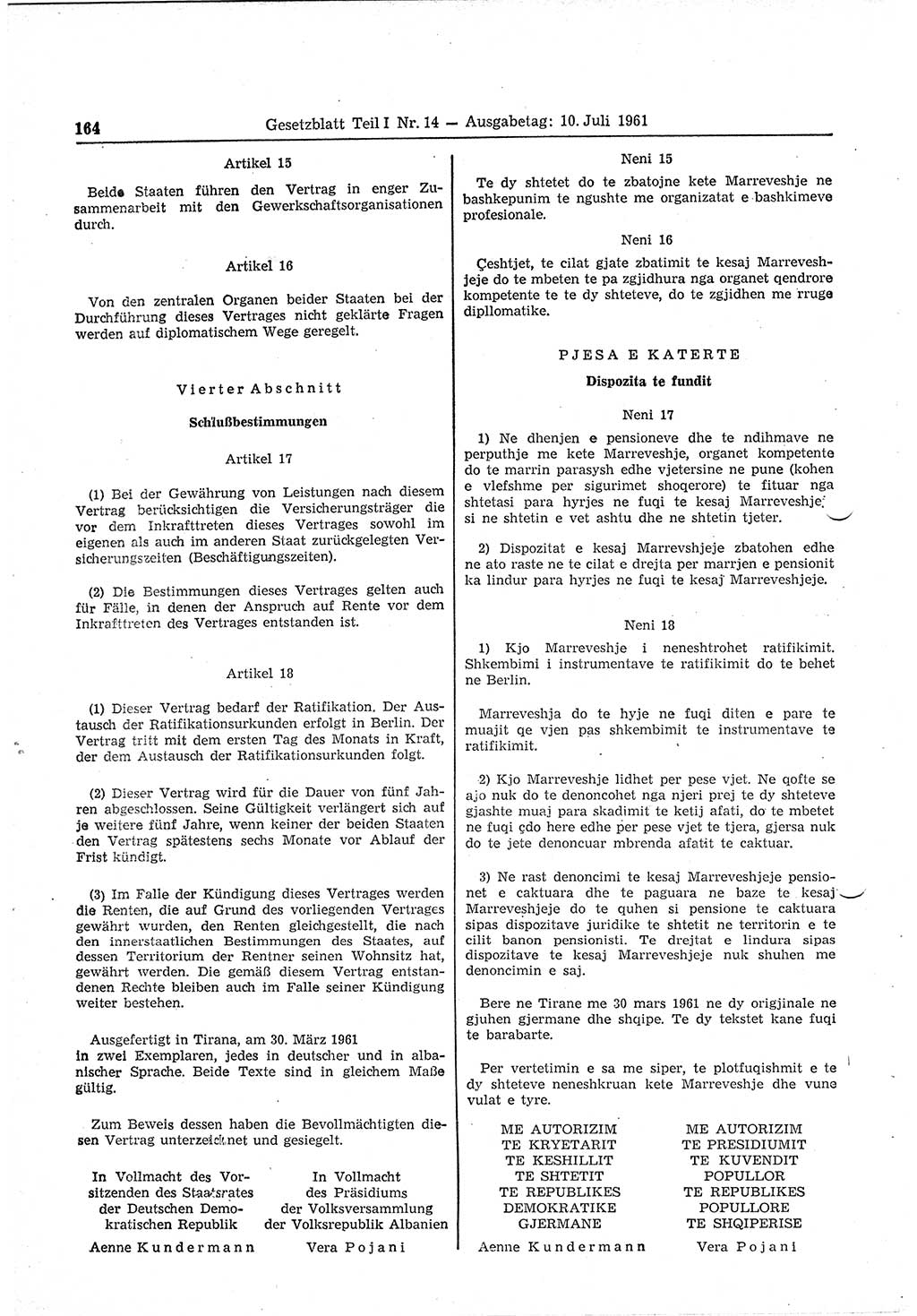 Gesetzblatt (GBl.) der Deutschen Demokratischen Republik (DDR) Teil Ⅰ 1961, Seite 164 (GBl. DDR Ⅰ 1961, S. 164)