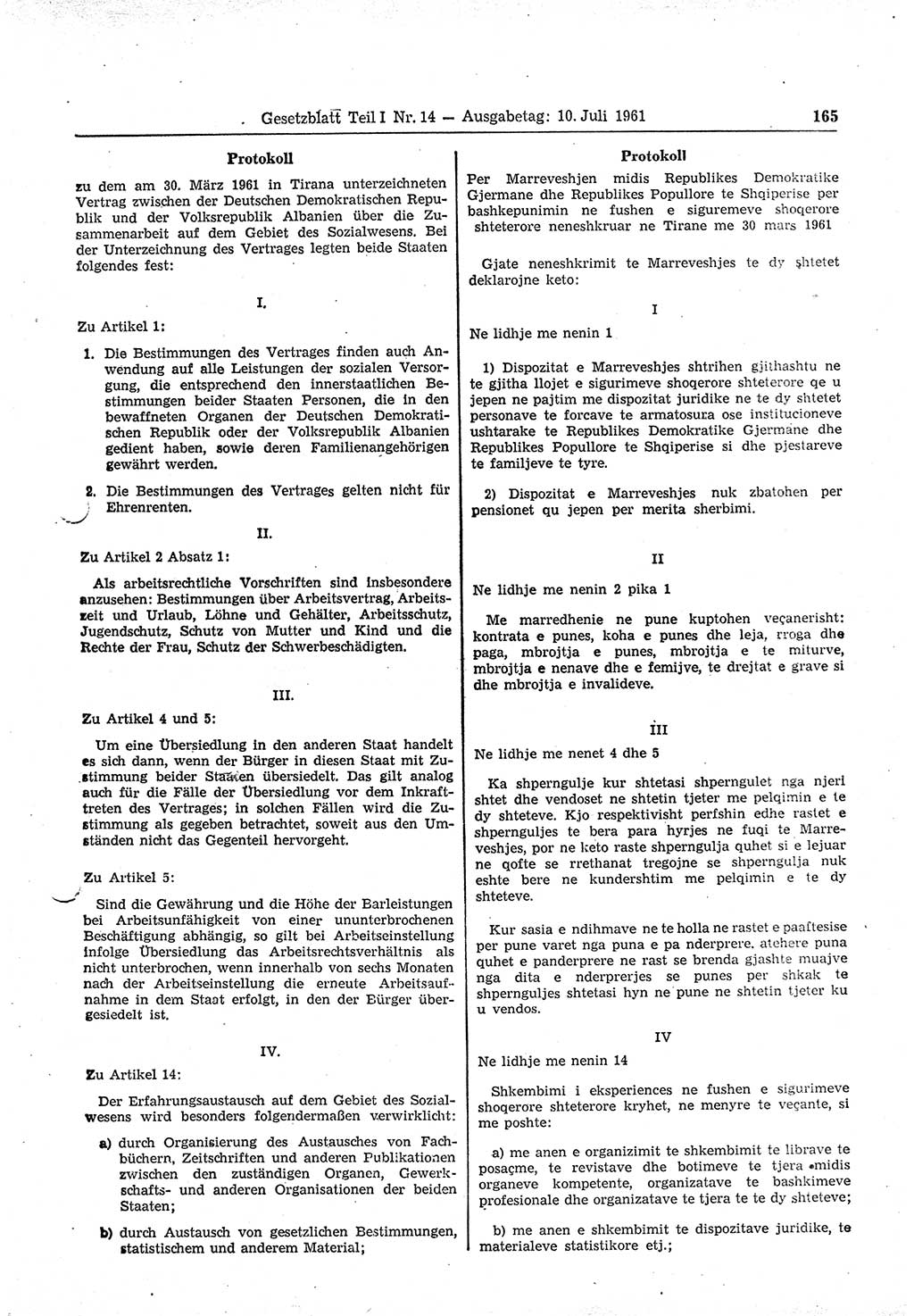 Gesetzblatt (GBl.) der Deutschen Demokratischen Republik (DDR) Teil Ⅰ 1961, Seite 165 (GBl. DDR Ⅰ 1961, S. 165)