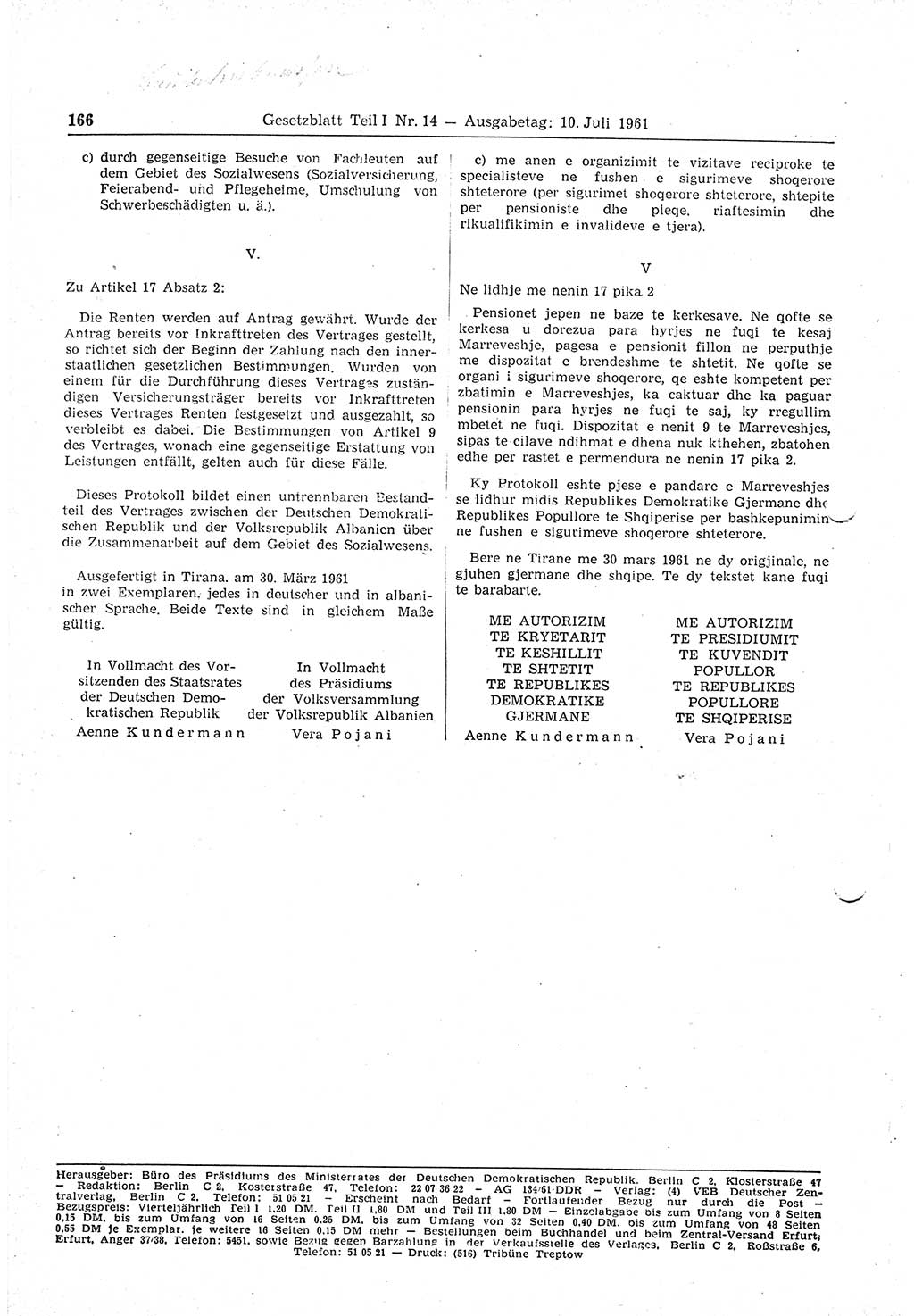 Gesetzblatt (GBl.) der Deutschen Demokratischen Republik (DDR) Teil Ⅰ 1961, Seite 166 (GBl. DDR Ⅰ 1961, S. 166)