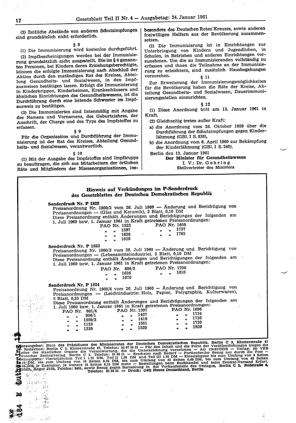 Gesetzblatt (GBl.) der Deutschen Demokratischen Republik (DDR) Teil ⅠⅠ 1961, Seite 12 (GBl. DDR ⅠⅠ 1961, S. 12)