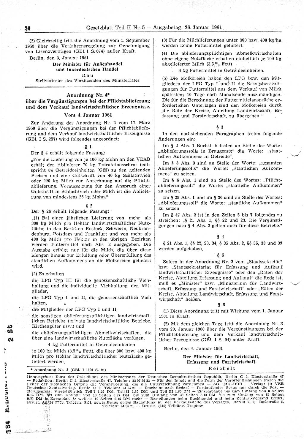 Gesetzblatt (GBl.) der Deutschen Demokratischen Republik (DDR) Teil ⅠⅠ 1961, Seite 20 (GBl. DDR ⅠⅠ 1961, S. 20)