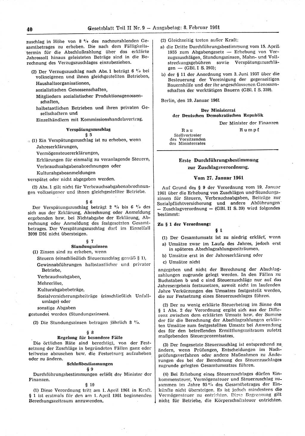 Gesetzblatt (GBl.) der Deutschen Demokratischen Republik (DDR) Teil ⅠⅠ 1961, Seite 40 (GBl. DDR ⅠⅠ 1961, S. 40)