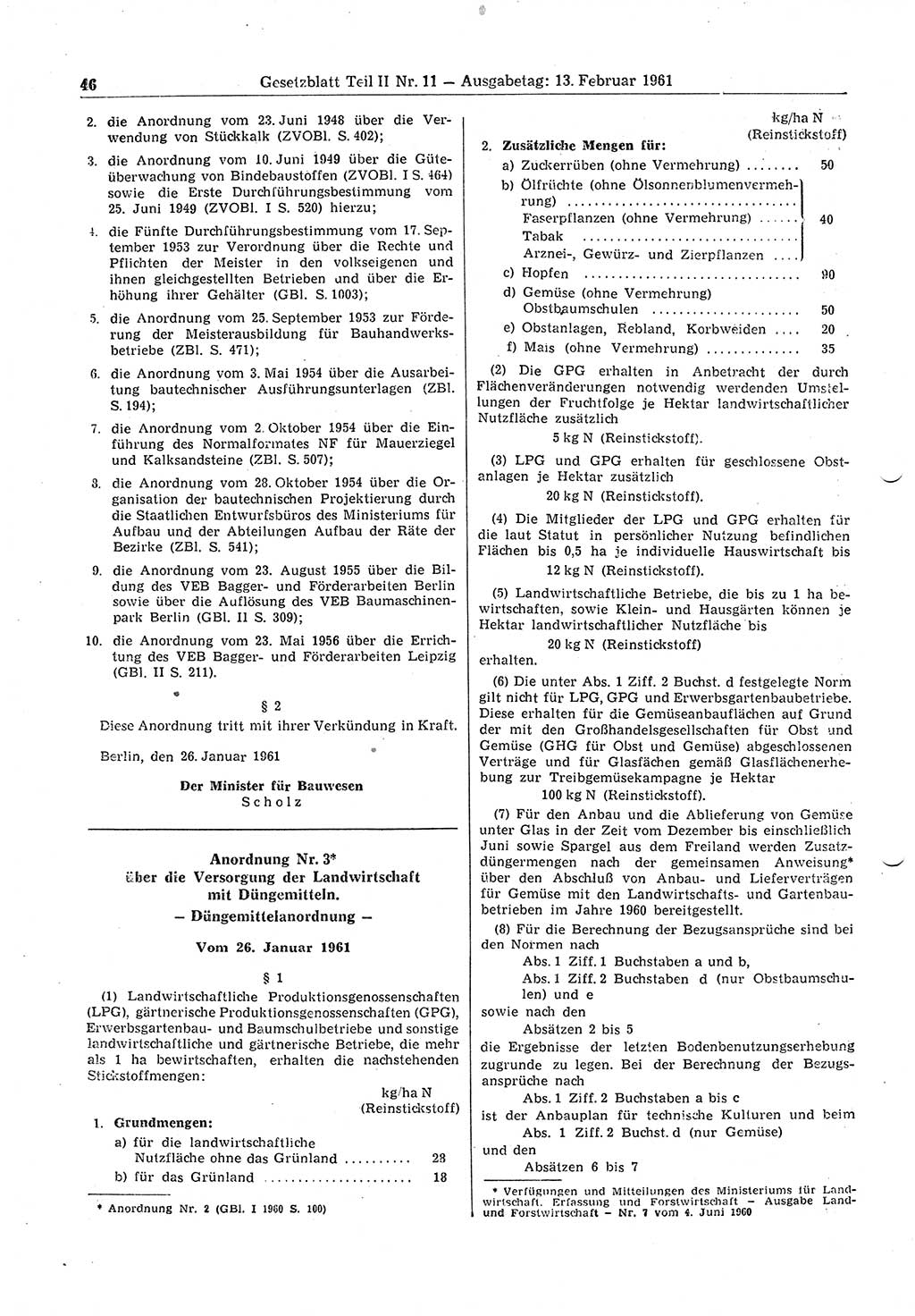 Gesetzblatt (GBl.) der Deutschen Demokratischen Republik (DDR) Teil ⅠⅠ 1961, Seite 46 (GBl. DDR ⅠⅠ 1961, S. 46)