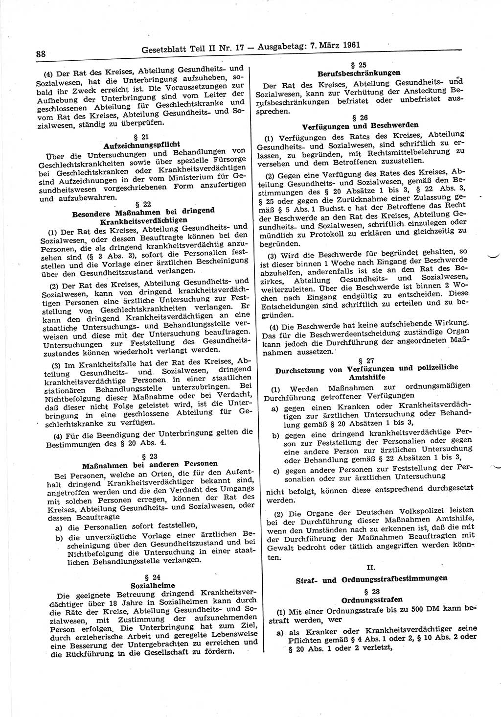 Gesetzblatt (GBl.) der Deutschen Demokratischen Republik (DDR) Teil ⅠⅠ 1961, Seite 88 (GBl. DDR ⅠⅠ 1961, S. 88)