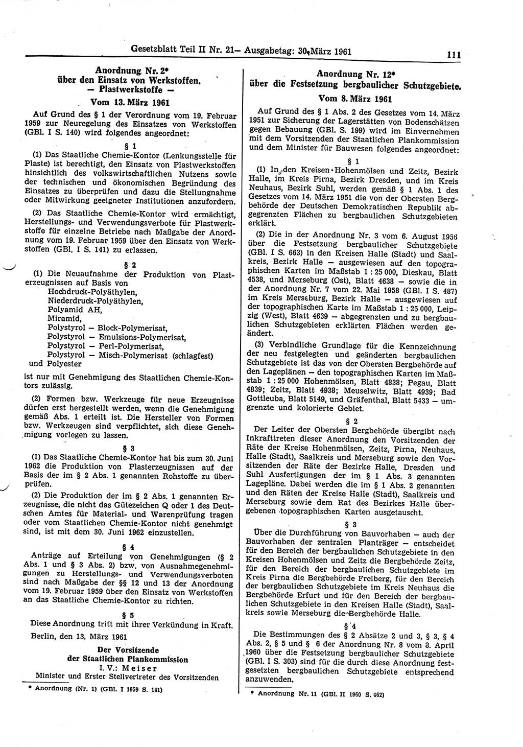 Gesetzblatt (GBl.) der Deutschen Demokratischen Republik (DDR) Teil ⅠⅠ 1961, Seite 111 (GBl. DDR ⅠⅠ 1961, S. 111)
