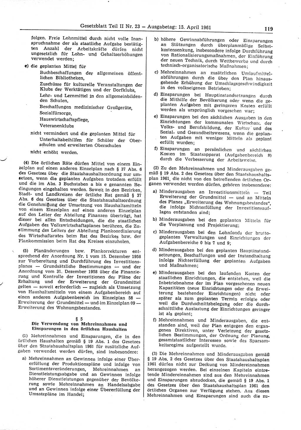 Gesetzblatt (GBl.) der Deutschen Demokratischen Republik (DDR) Teil ⅠⅠ 1961, Seite 119 (GBl. DDR ⅠⅠ 1961, S. 119)