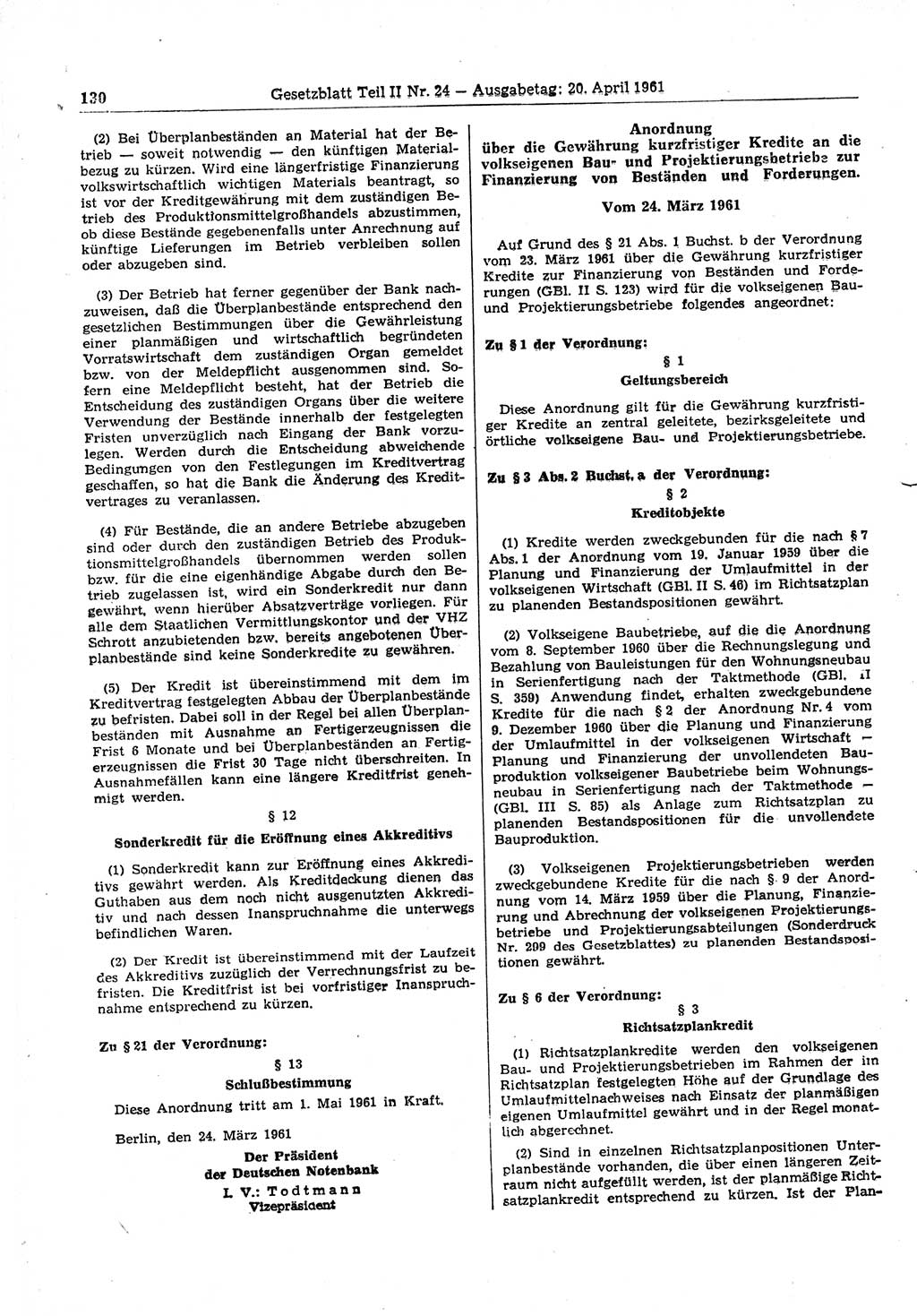 Gesetzblatt (GBl.) der Deutschen Demokratischen Republik (DDR) Teil ⅠⅠ 1961, Seite 130 (GBl. DDR ⅠⅠ 1961, S. 130)