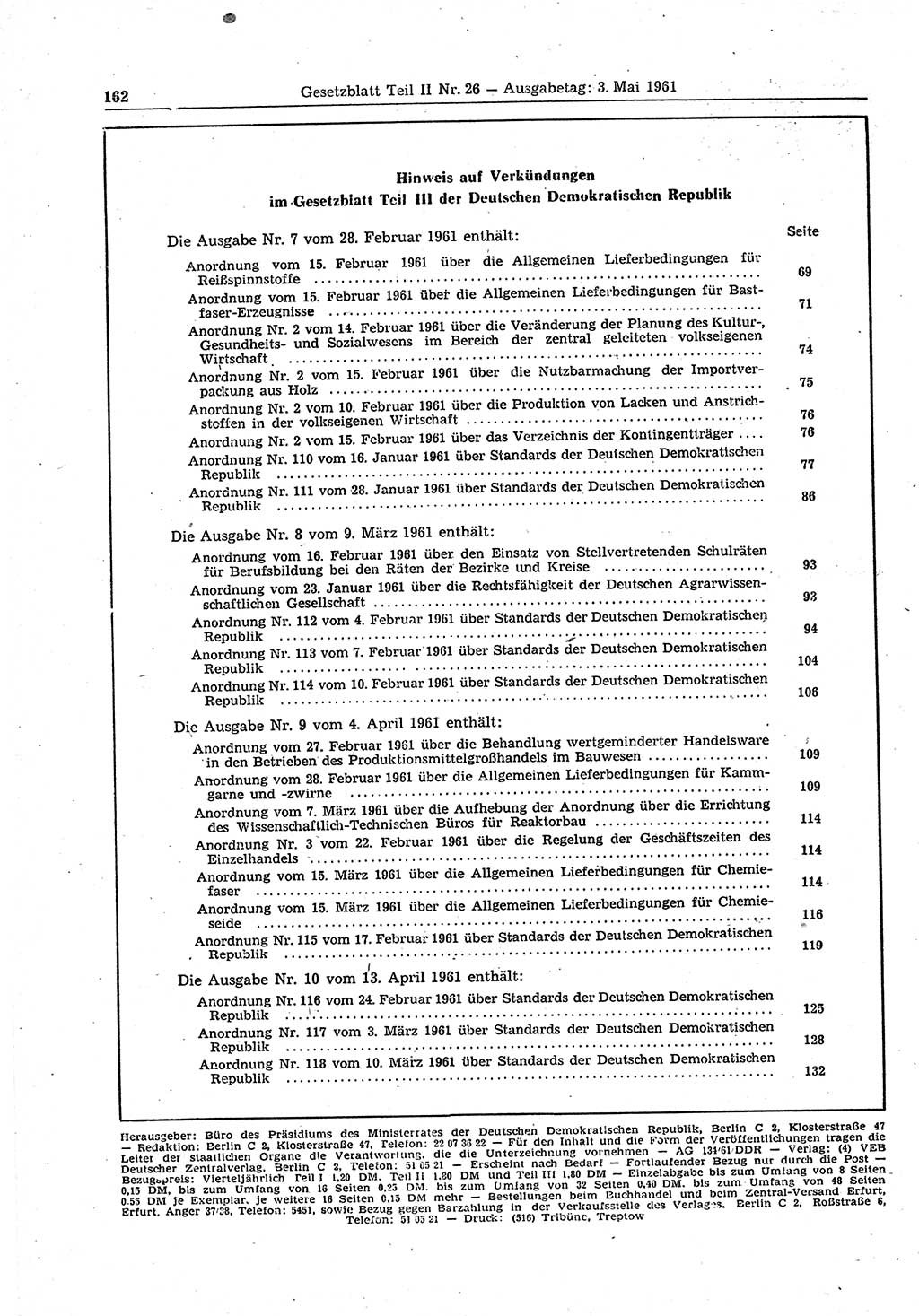 Gesetzblatt (GBl.) der Deutschen Demokratischen Republik (DDR) Teil ⅠⅠ 1961, Seite 162 (GBl. DDR ⅠⅠ 1961, S. 162)