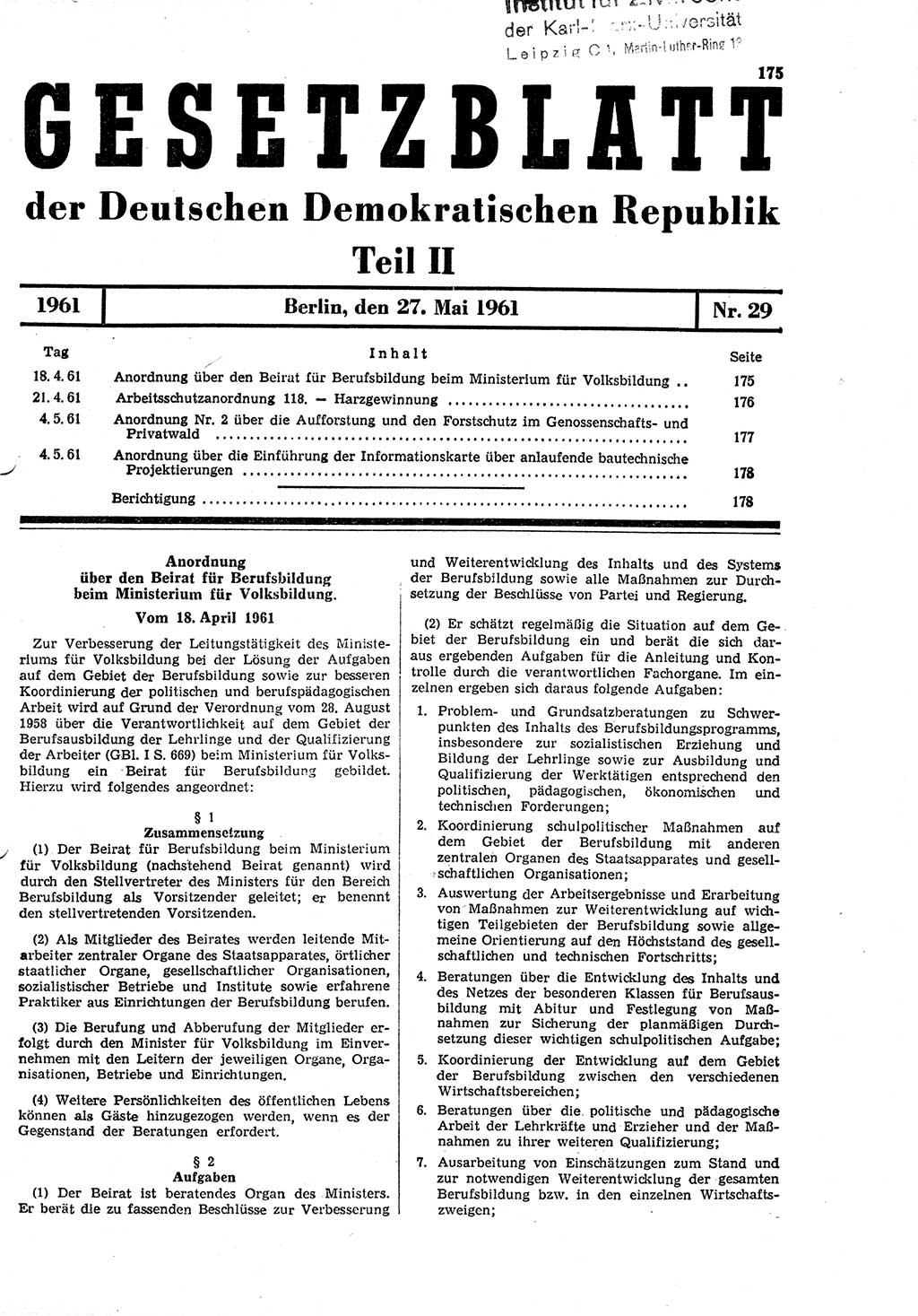 Gesetzblatt (GBl.) der Deutschen Demokratischen Republik (DDR) Teil ⅠⅠ 1961, Seite 175 (GBl. DDR ⅠⅠ 1961, S. 175)