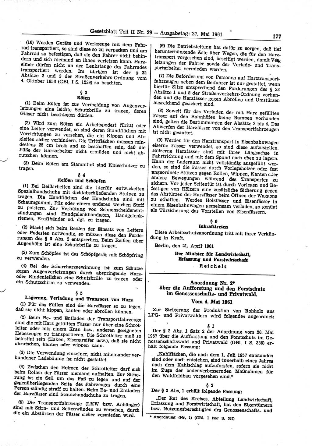 Gesetzblatt (GBl.) der Deutschen Demokratischen Republik (DDR) Teil ⅠⅠ 1961, Seite 177 (GBl. DDR ⅠⅠ 1961, S. 177)