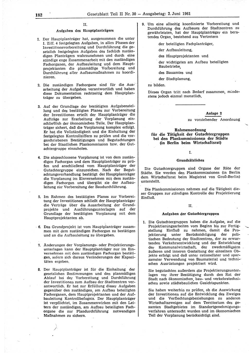 Gesetzblatt (GBl.) der Deutschen Demokratischen Republik (DDR) Teil ⅠⅠ 1961, Seite 182 (GBl. DDR ⅠⅠ 1961, S. 182)