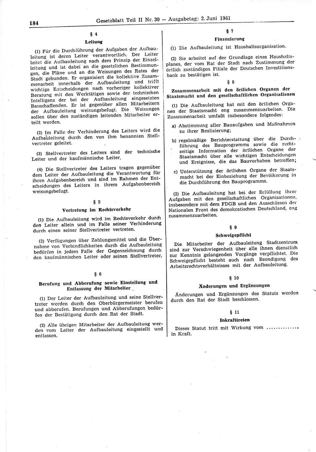 Gesetzblatt (GBl.) der Deutschen Demokratischen Republik (DDR) Teil ⅠⅠ 1961, Seite 184 (GBl. DDR ⅠⅠ 1961, S. 184)