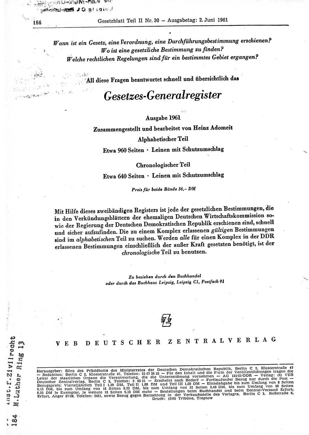 Gesetzblatt (GBl.) der Deutschen Demokratischen Republik (DDR) Teil ⅠⅠ 1961, Seite 186 (GBl. DDR ⅠⅠ 1961, S. 186)