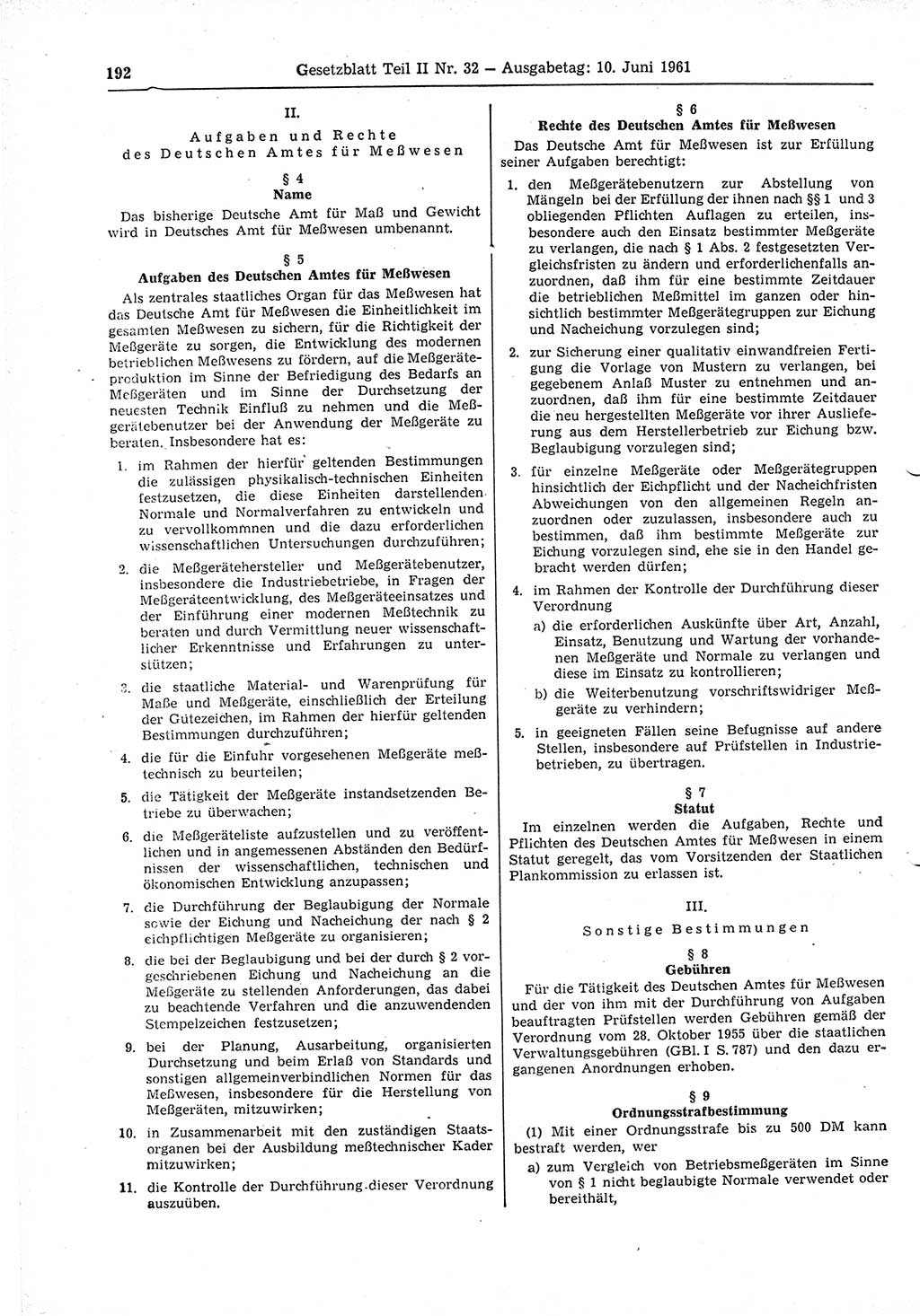 Gesetzblatt (GBl.) der Deutschen Demokratischen Republik (DDR) Teil ⅠⅠ 1961, Seite 192 (GBl. DDR ⅠⅠ 1961, S. 192)