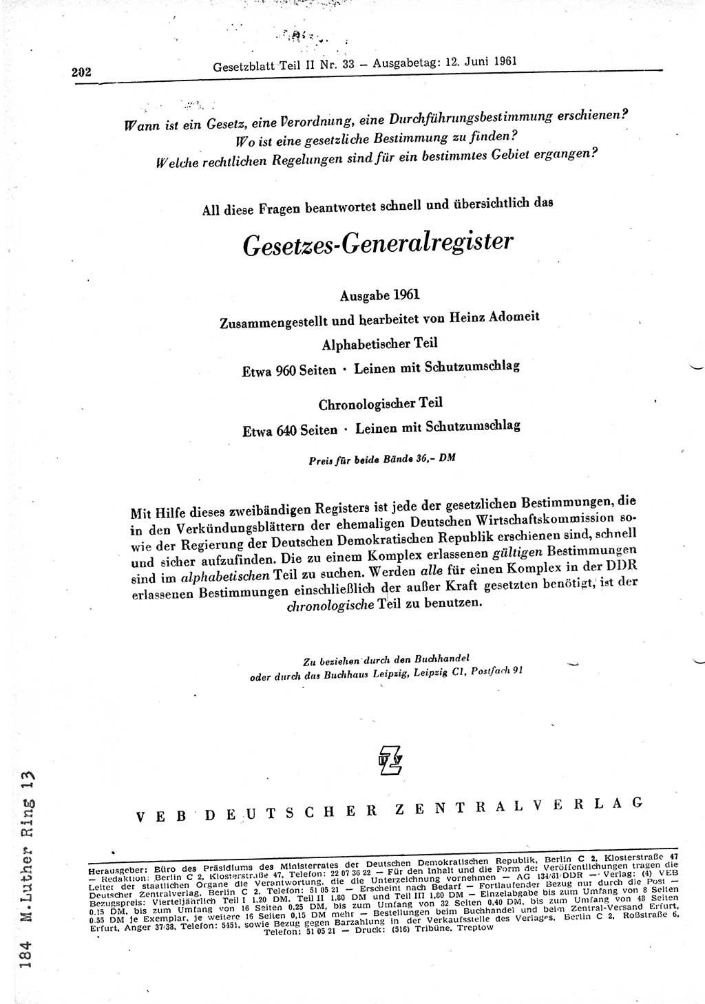 Gesetzblatt (GBl.) der Deutschen Demokratischen Republik (DDR) Teil ⅠⅠ 1961, Seite 202 (GBl. DDR ⅠⅠ 1961, S. 202)