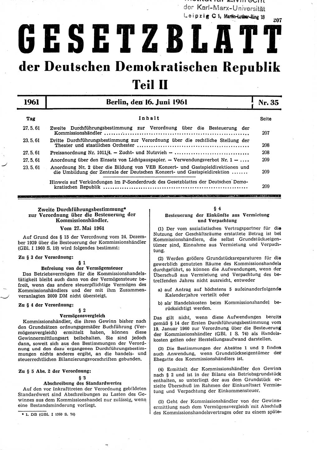 Gesetzblatt (GBl.) der Deutschen Demokratischen Republik (DDR) Teil ⅠⅠ 1961, Seite 207 (GBl. DDR ⅠⅠ 1961, S. 207)