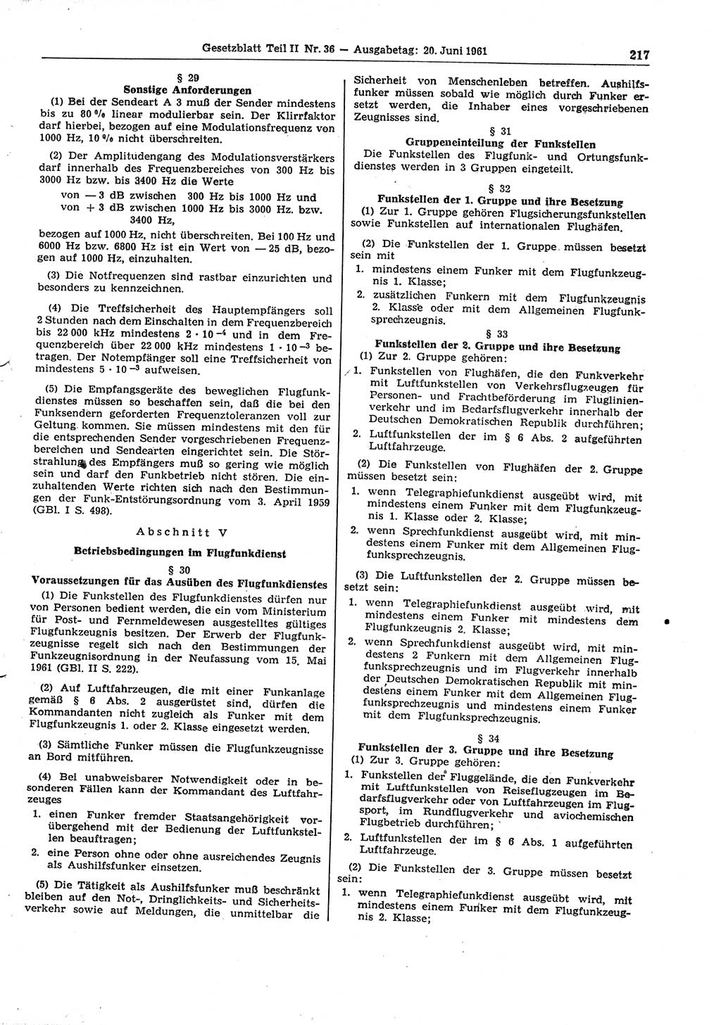 Gesetzblatt (GBl.) der Deutschen Demokratischen Republik (DDR) Teil ⅠⅠ 1961, Seite 217 (GBl. DDR ⅠⅠ 1961, S. 217)