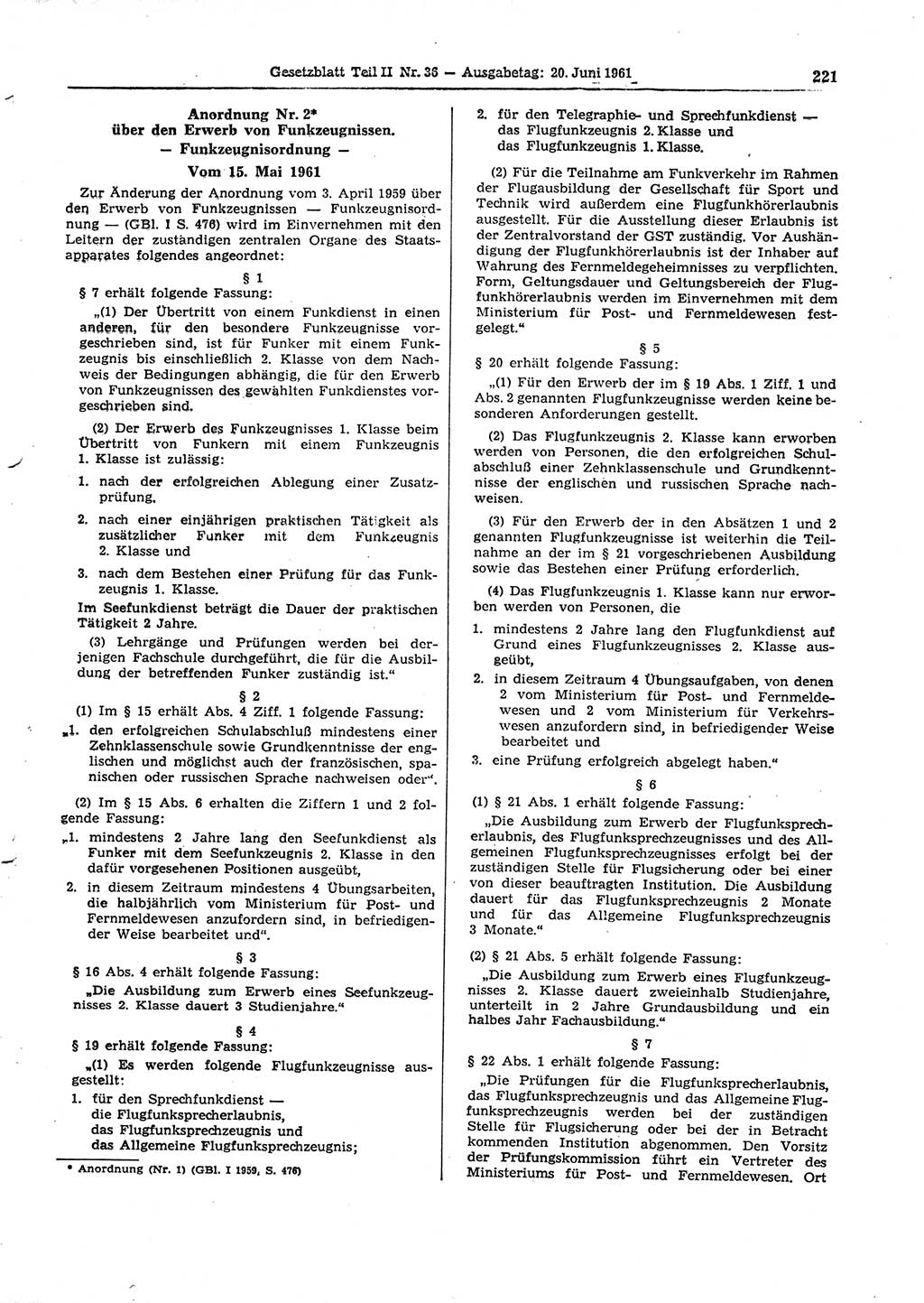 Gesetzblatt (GBl.) der Deutschen Demokratischen Republik (DDR) Teil ⅠⅠ 1961, Seite 221 (GBl. DDR ⅠⅠ 1961, S. 221)