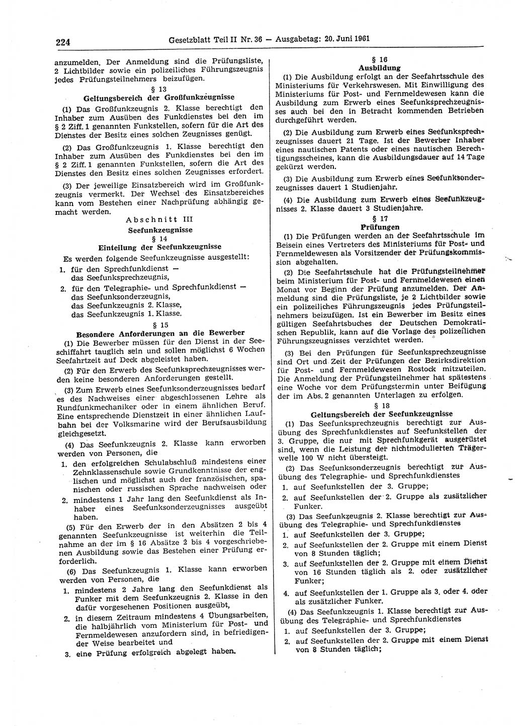 Gesetzblatt (GBl.) der Deutschen Demokratischen Republik (DDR) Teil ⅠⅠ 1961, Seite 224 (GBl. DDR ⅠⅠ 1961, S. 224)