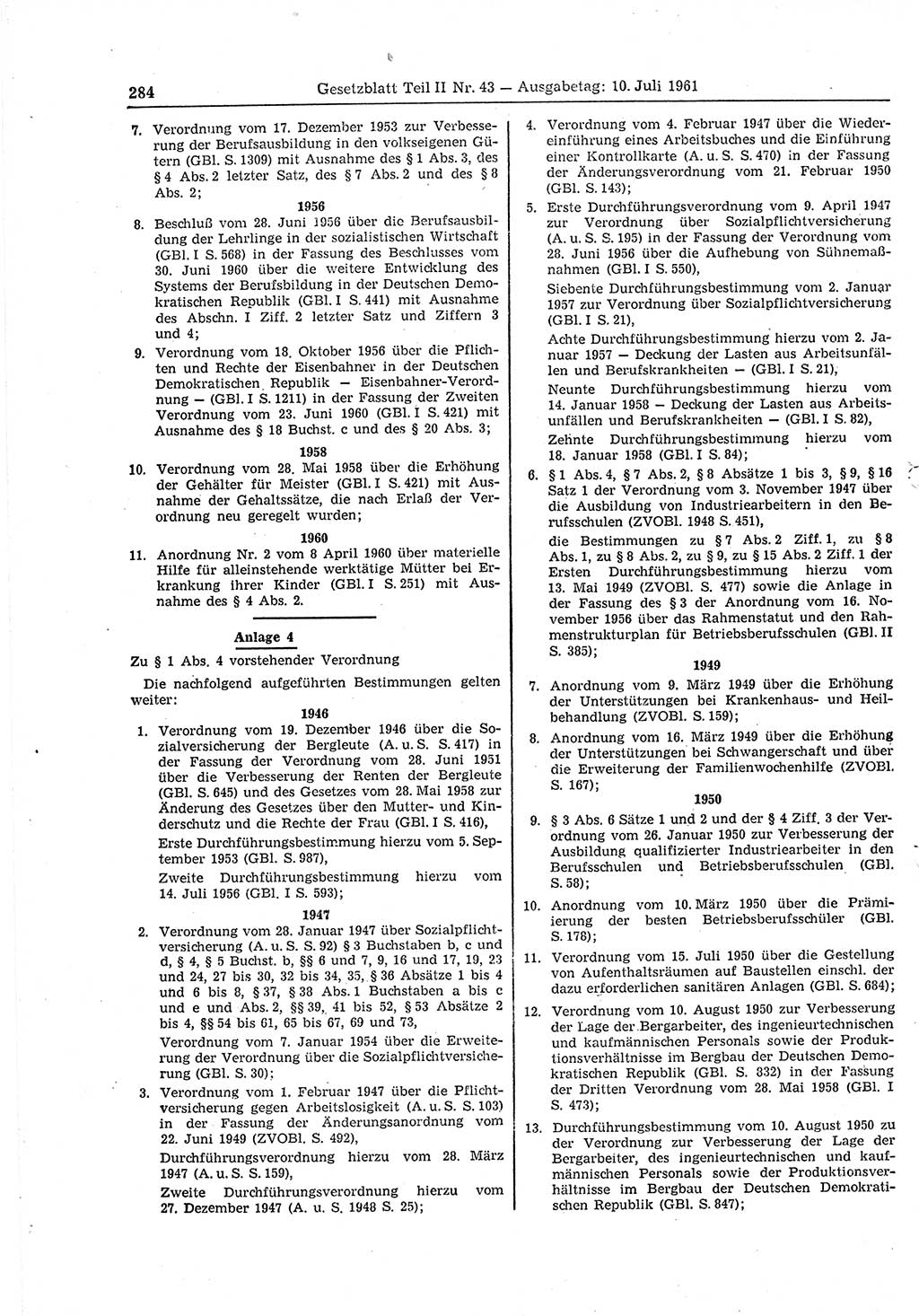 Gesetzblatt (GBl.) der Deutschen Demokratischen Republik (DDR) Teil ⅠⅠ 1961, Seite 284 (GBl. DDR ⅠⅠ 1961, S. 284)