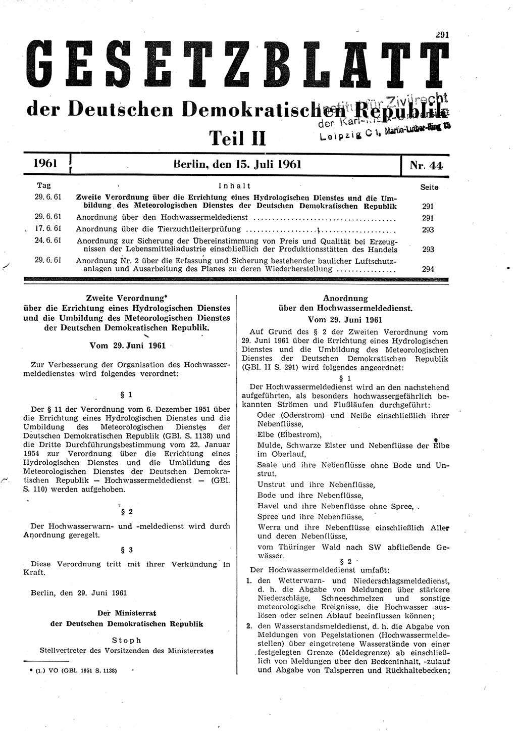 Gesetzblatt (GBl.) der Deutschen Demokratischen Republik (DDR) Teil ⅠⅠ 1961, Seite 291 (GBl. DDR ⅠⅠ 1961, S. 291)