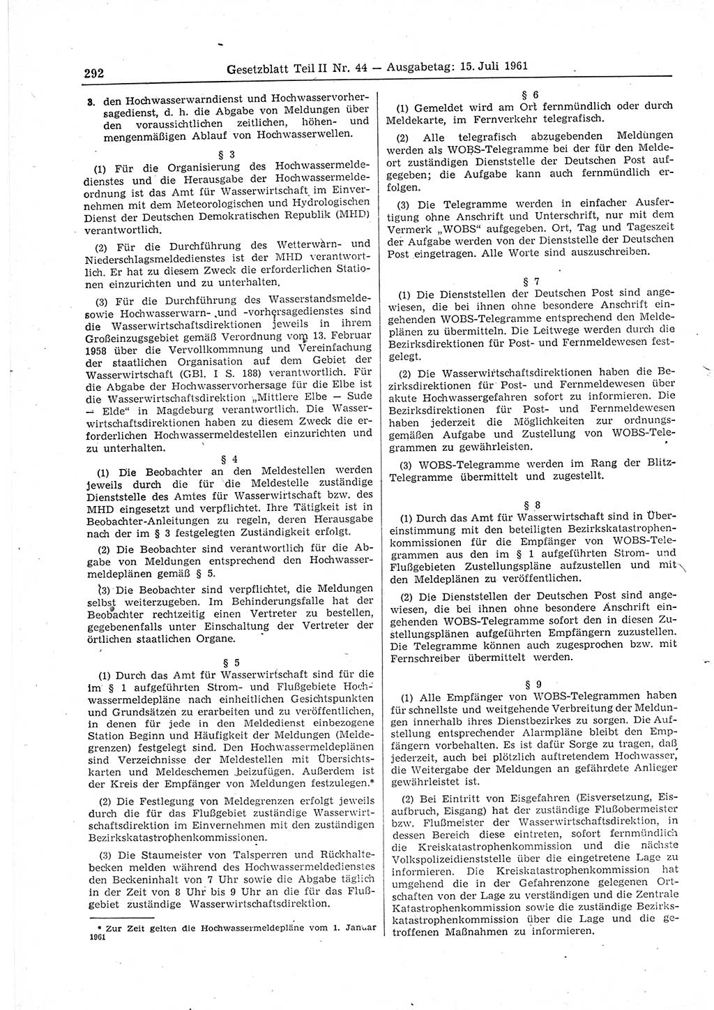 Gesetzblatt (GBl.) der Deutschen Demokratischen Republik (DDR) Teil ⅠⅠ 1961, Seite 292 (GBl. DDR ⅠⅠ 1961, S. 292)