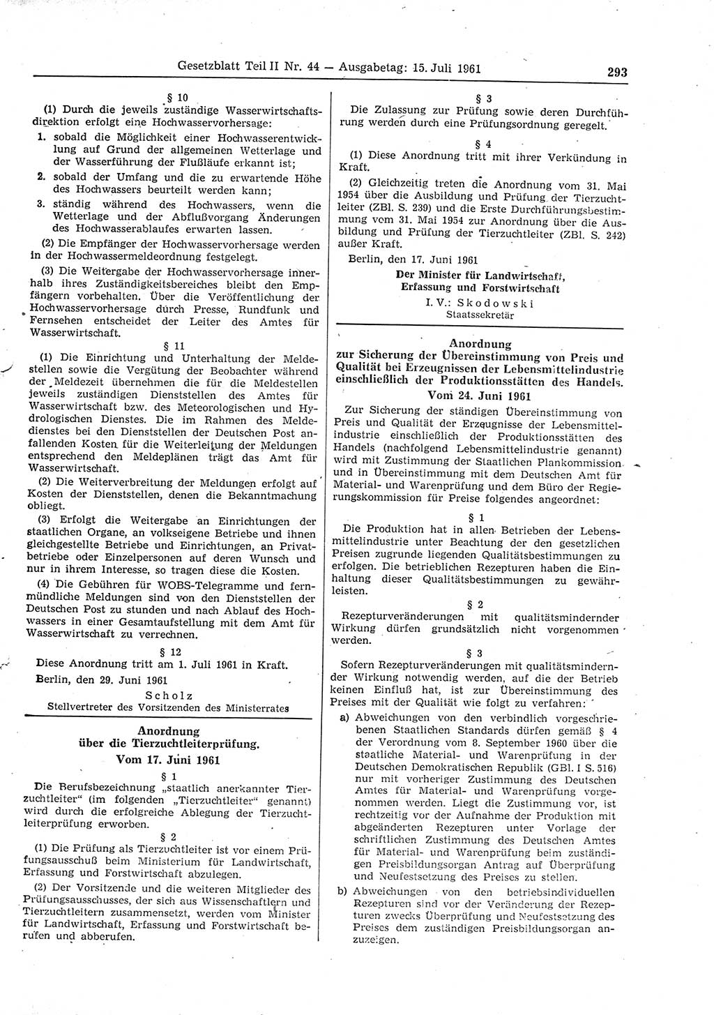 Gesetzblatt (GBl.) der Deutschen Demokratischen Republik (DDR) Teil ⅠⅠ 1961, Seite 293 (GBl. DDR ⅠⅠ 1961, S. 293)