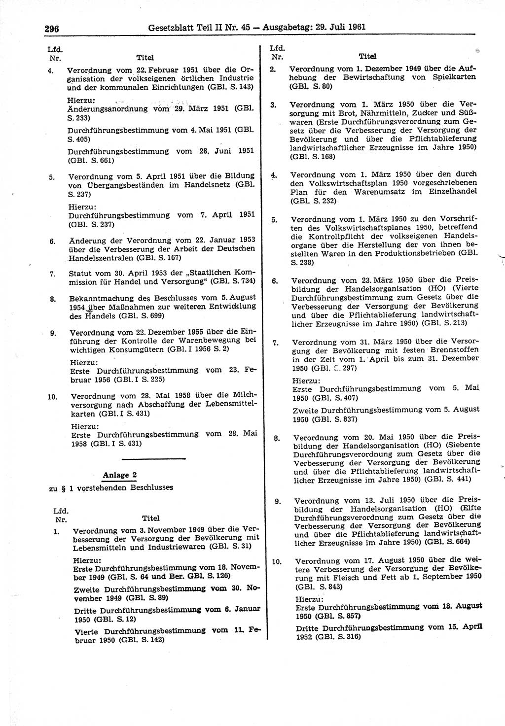 Gesetzblatt (GBl.) der Deutschen Demokratischen Republik (DDR) Teil ⅠⅠ 1961, Seite 296 (GBl. DDR ⅠⅠ 1961, S. 296)