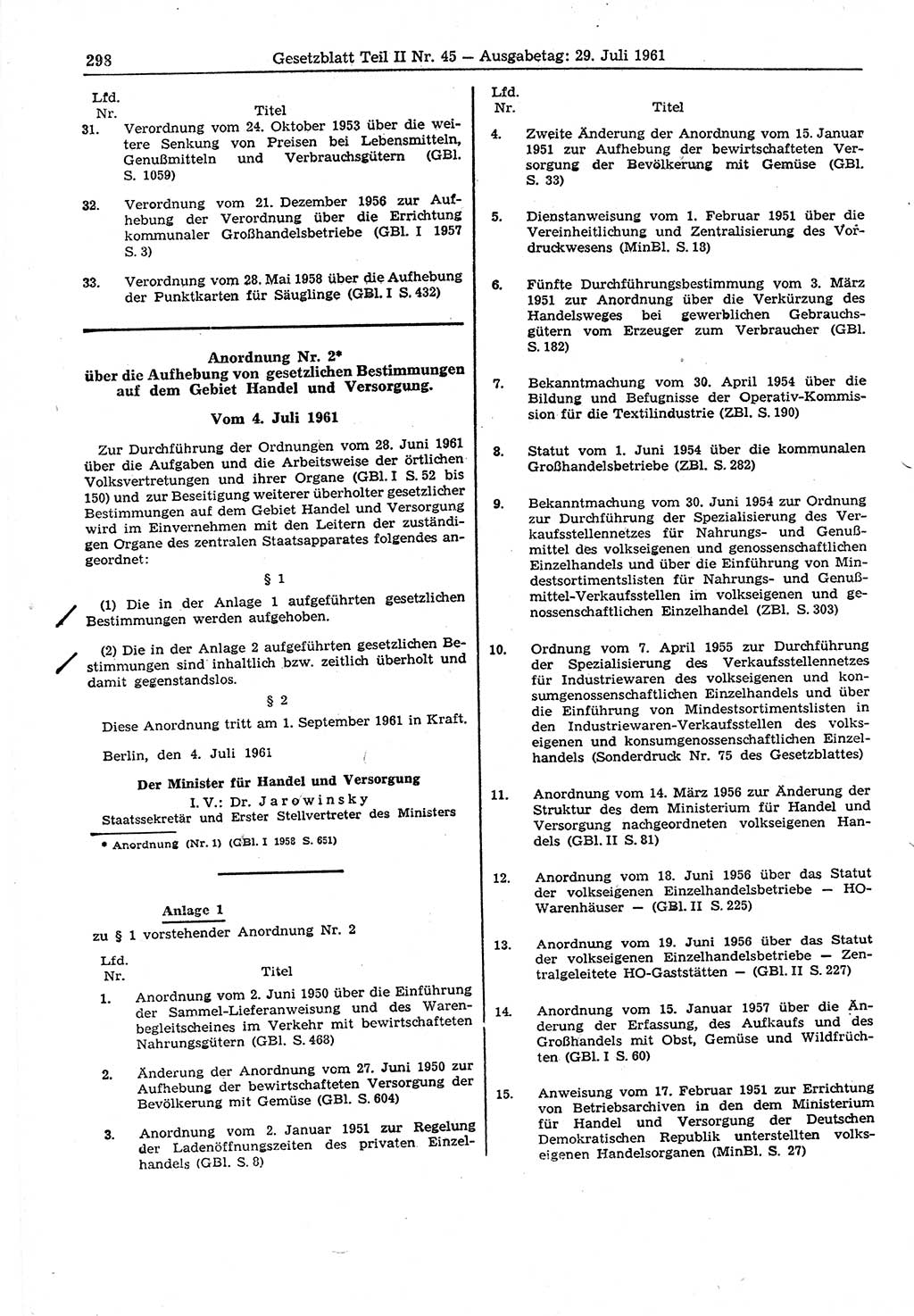 Gesetzblatt (GBl.) der Deutschen Demokratischen Republik (DDR) Teil ⅠⅠ 1961, Seite 298 (GBl. DDR ⅠⅠ 1961, S. 298)
