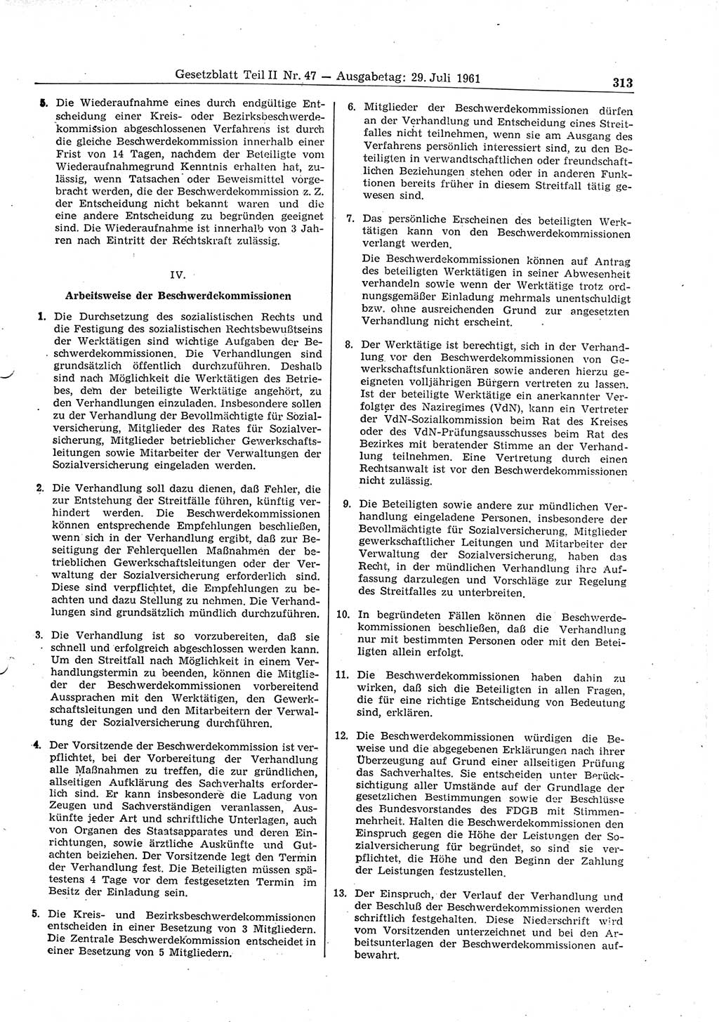 Gesetzblatt (GBl.) der Deutschen Demokratischen Republik (DDR) Teil ⅠⅠ 1961, Seite 313 (GBl. DDR ⅠⅠ 1961, S. 313)