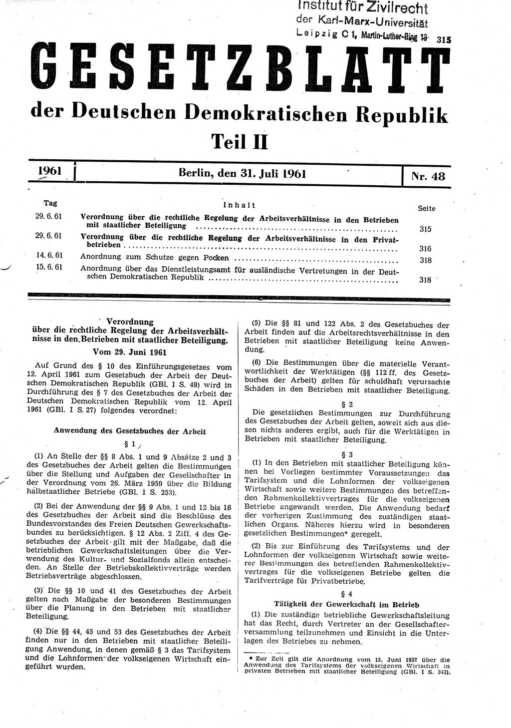 Gesetzblatt (GBl.) der Deutschen Demokratischen Republik (DDR) Teil ⅠⅠ 1961, Seite 315 (GBl. DDR ⅠⅠ 1961, S. 315)