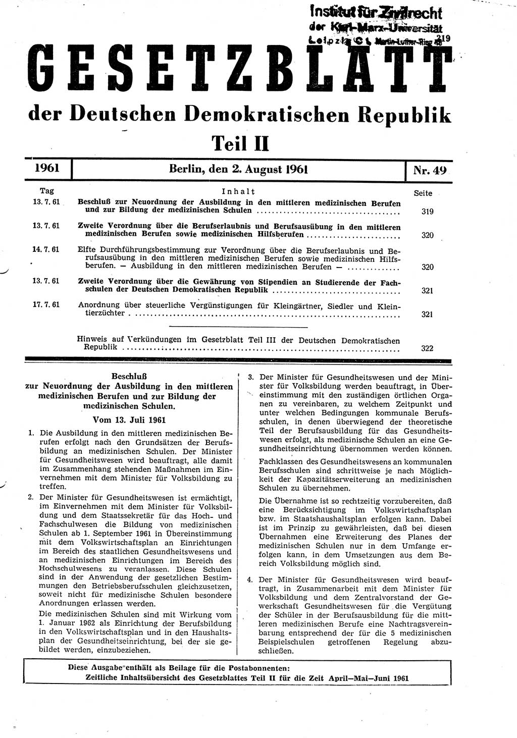 Gesetzblatt (GBl.) der Deutschen Demokratischen Republik (DDR) Teil ⅠⅠ 1961, Seite 319 (GBl. DDR ⅠⅠ 1961, S. 319)