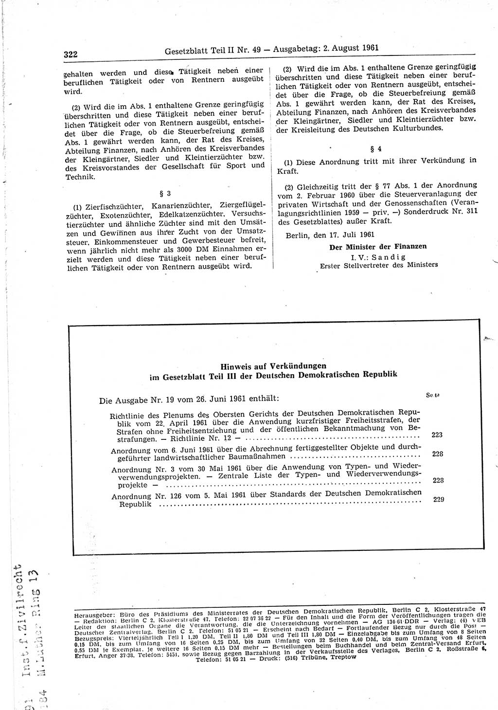 Gesetzblatt (GBl.) der Deutschen Demokratischen Republik (DDR) Teil ⅠⅠ 1961, Seite 322 (GBl. DDR ⅠⅠ 1961, S. 322)