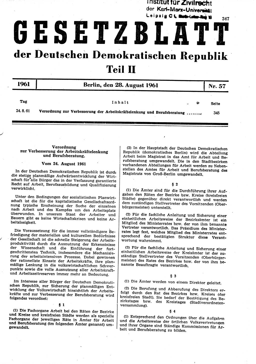Gesetzblatt (GBl.) der Deutschen Demokratischen Republik (DDR) Teil ⅠⅠ 1961, Seite 347 (GBl. DDR ⅠⅠ 1961, S. 347)
