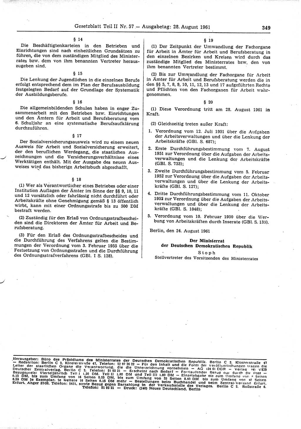 Gesetzblatt (GBl.) der Deutschen Demokratischen Republik (DDR) Teil ⅠⅠ 1961, Seite 349 (GBl. DDR ⅠⅠ 1961, S. 349)
