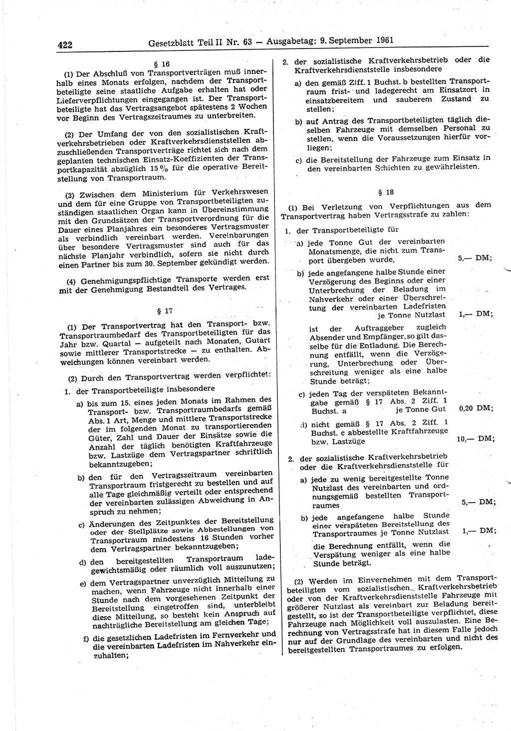Gesetzblatt (GBl.) der Deutschen Demokratischen Republik (DDR) Teil ⅠⅠ 1961, Seite 422 (GBl. DDR ⅠⅠ 1961, S. 422)