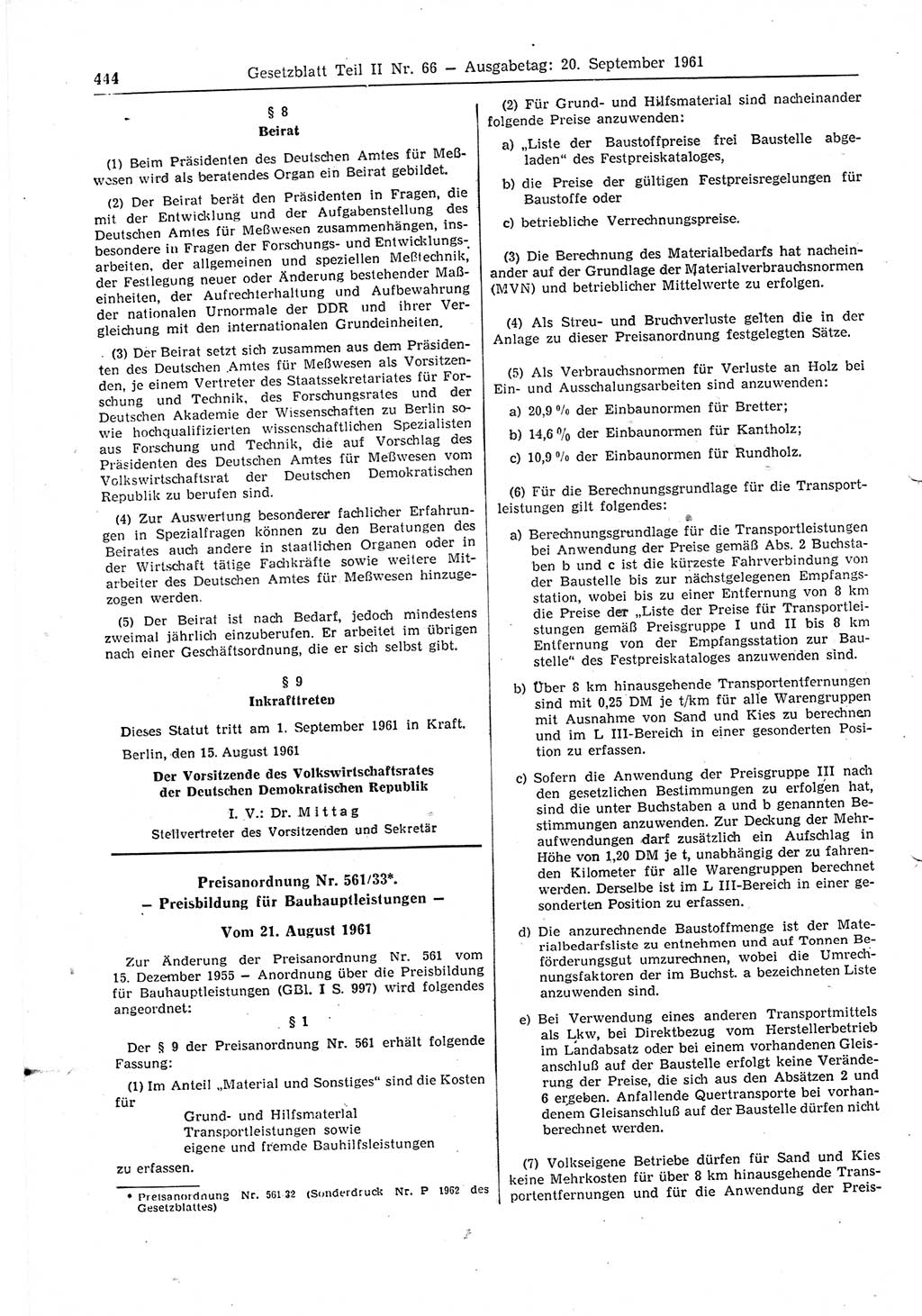Gesetzblatt (GBl.) der Deutschen Demokratischen Republik (DDR) Teil ⅠⅠ 1961, Seite 444 (GBl. DDR ⅠⅠ 1961, S. 444)