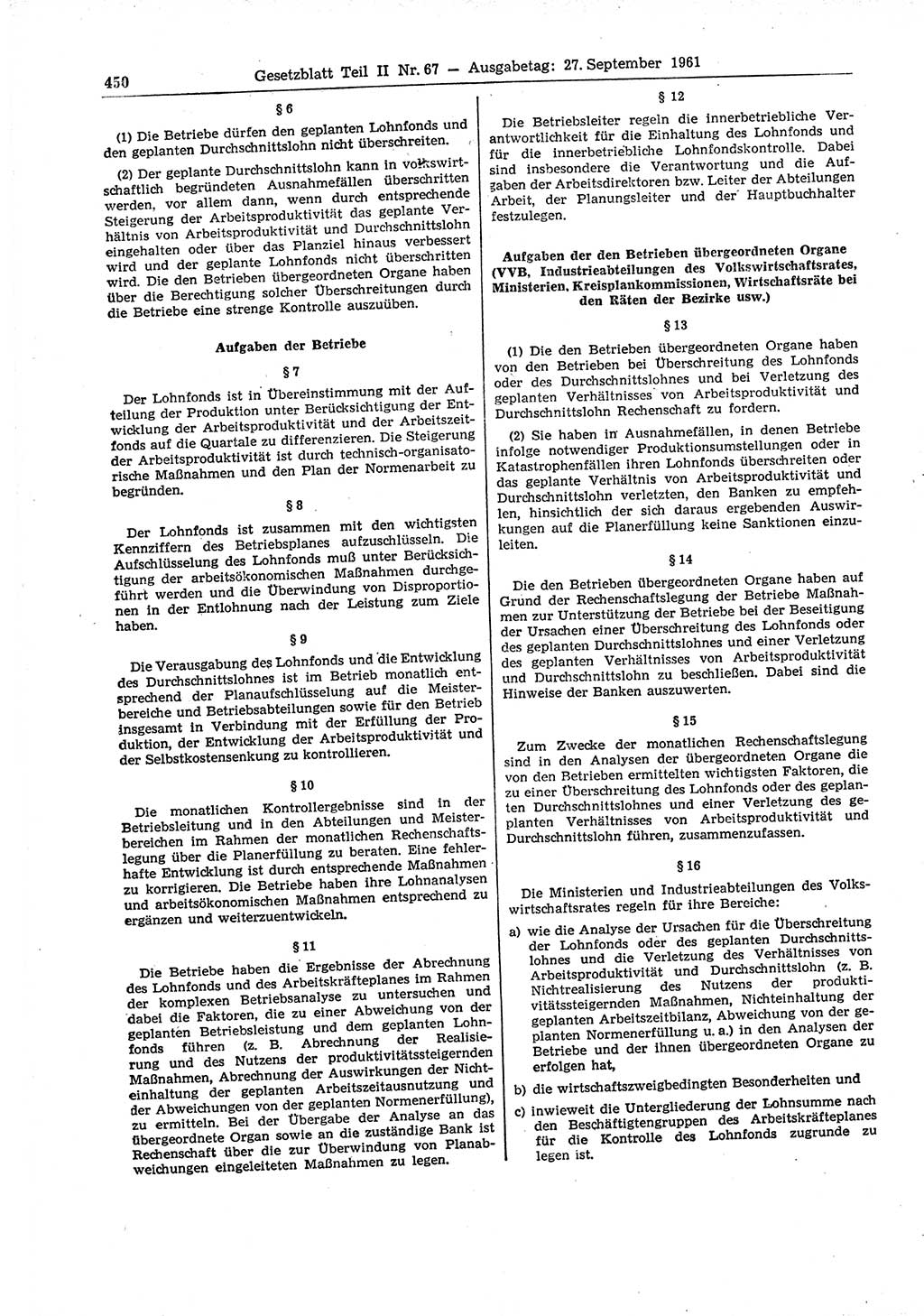 Gesetzblatt (GBl.) der Deutschen Demokratischen Republik (DDR) Teil ⅠⅠ 1961, Seite 450 (GBl. DDR ⅠⅠ 1961, S. 450)