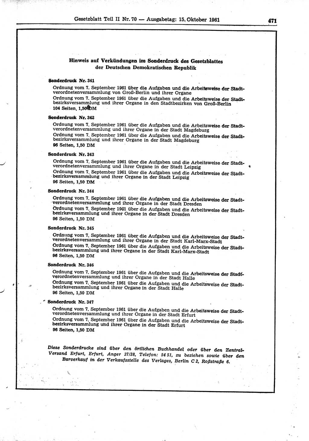 Gesetzblatt (GBl.) der Deutschen Demokratischen Republik (DDR) Teil ⅠⅠ 1961, Seite 471 (GBl. DDR ⅠⅠ 1961, S. 471)