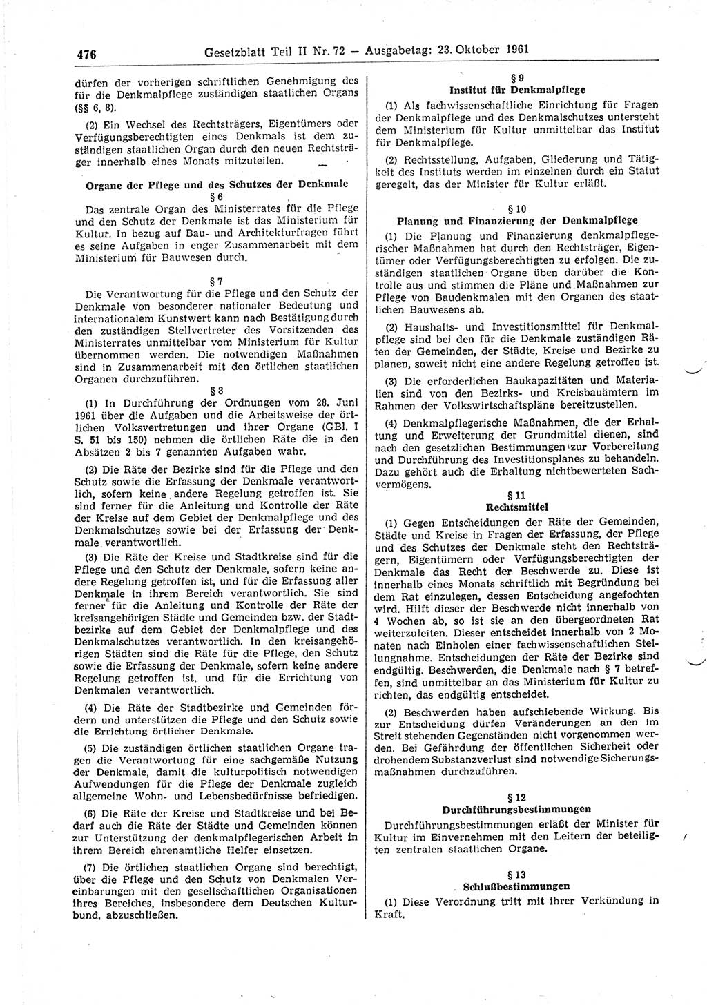 Gesetzblatt (GBl.) der Deutschen Demokratischen Republik (DDR) Teil ⅠⅠ 1961, Seite 476 (GBl. DDR ⅠⅠ 1961, S. 476)