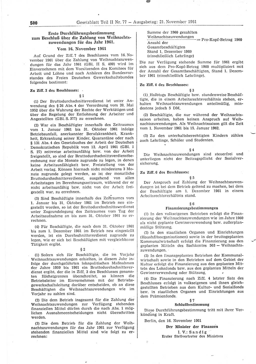 Gesetzblatt (GBl.) der Deutschen Demokratischen Republik (DDR) Teil ⅠⅠ 1961, Seite 500 (GBl. DDR ⅠⅠ 1961, S. 500)