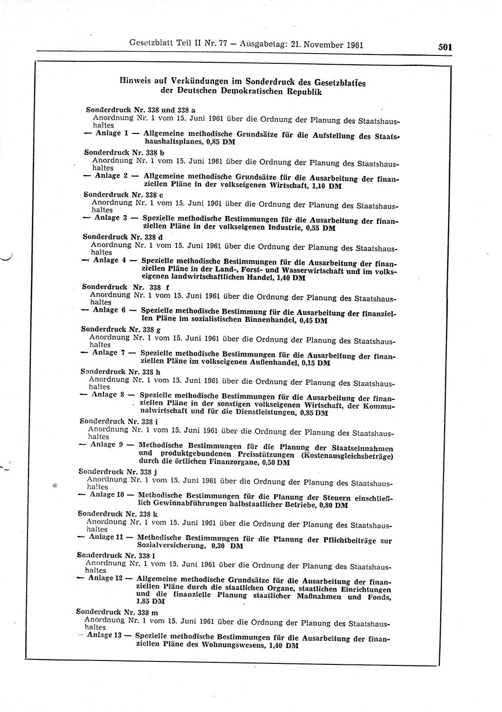 Gesetzblatt (GBl.) der Deutschen Demokratischen Republik (DDR) Teil ⅠⅠ 1961, Seite 501 (GBl. DDR ⅠⅠ 1961, S. 501)