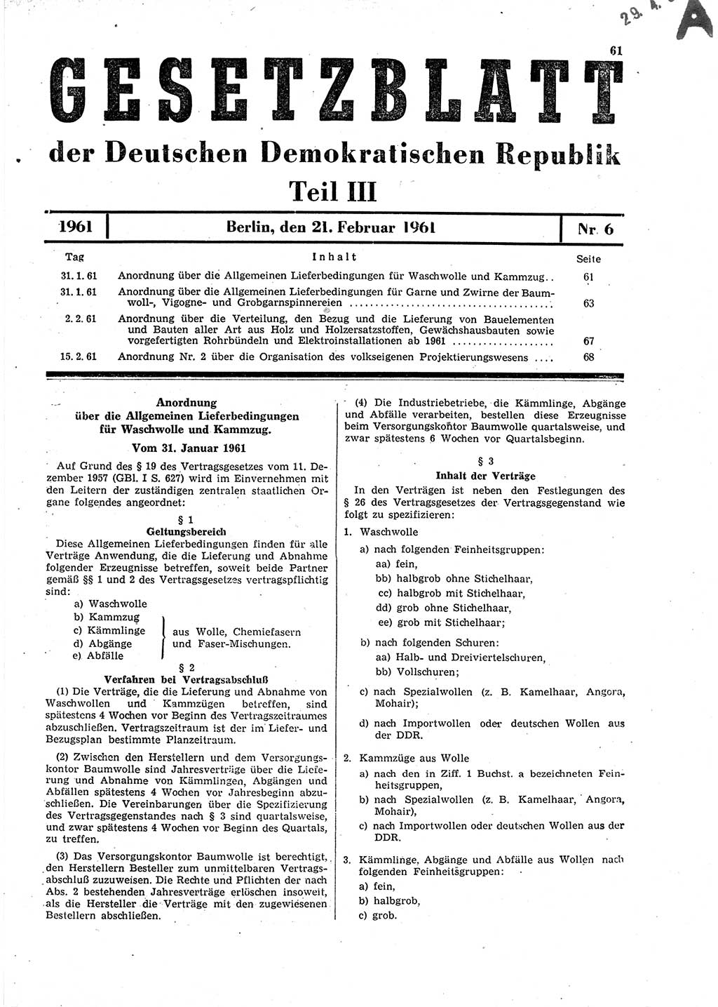 Gesetzblatt (GBl.) der Deutschen Demokratischen Republik (DDR) Teil ⅠⅠⅠ 1961, Seite 61 (GBl. DDR ⅠⅠⅠ 1961, S. 61)