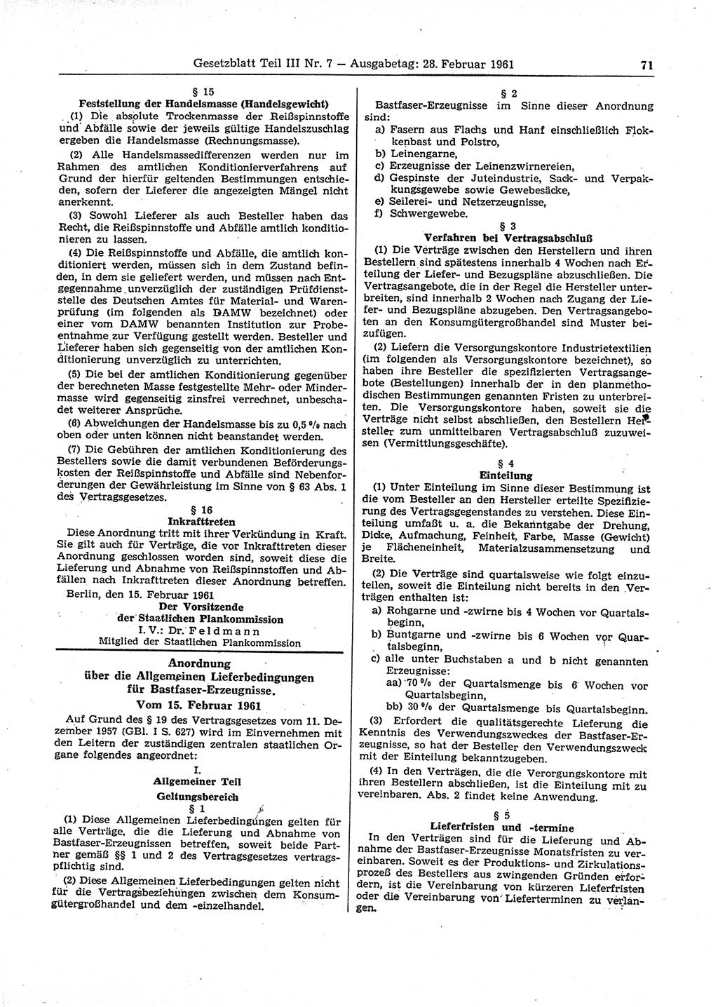 Gesetzblatt (GBl.) der Deutschen Demokratischen Republik (DDR) Teil ⅠⅠⅠ 1961, Seite 71 (GBl. DDR ⅠⅠⅠ 1961, S. 71)