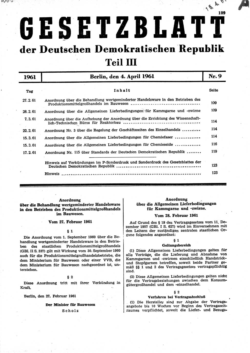 Gesetzblatt (GBl.) der Deutschen Demokratischen Republik (DDR) Teil ⅠⅠⅠ 1961, Seite 109 (GBl. DDR ⅠⅠⅠ 1961, S. 109)