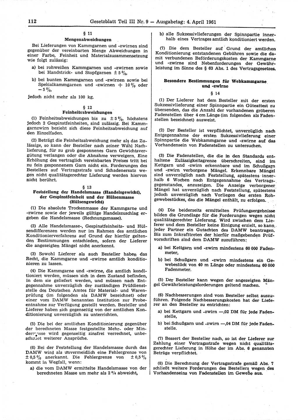 Gesetzblatt (GBl.) der Deutschen Demokratischen Republik (DDR) Teil ⅠⅠⅠ 1961, Seite 112 (GBl. DDR ⅠⅠⅠ 1961, S. 112)
