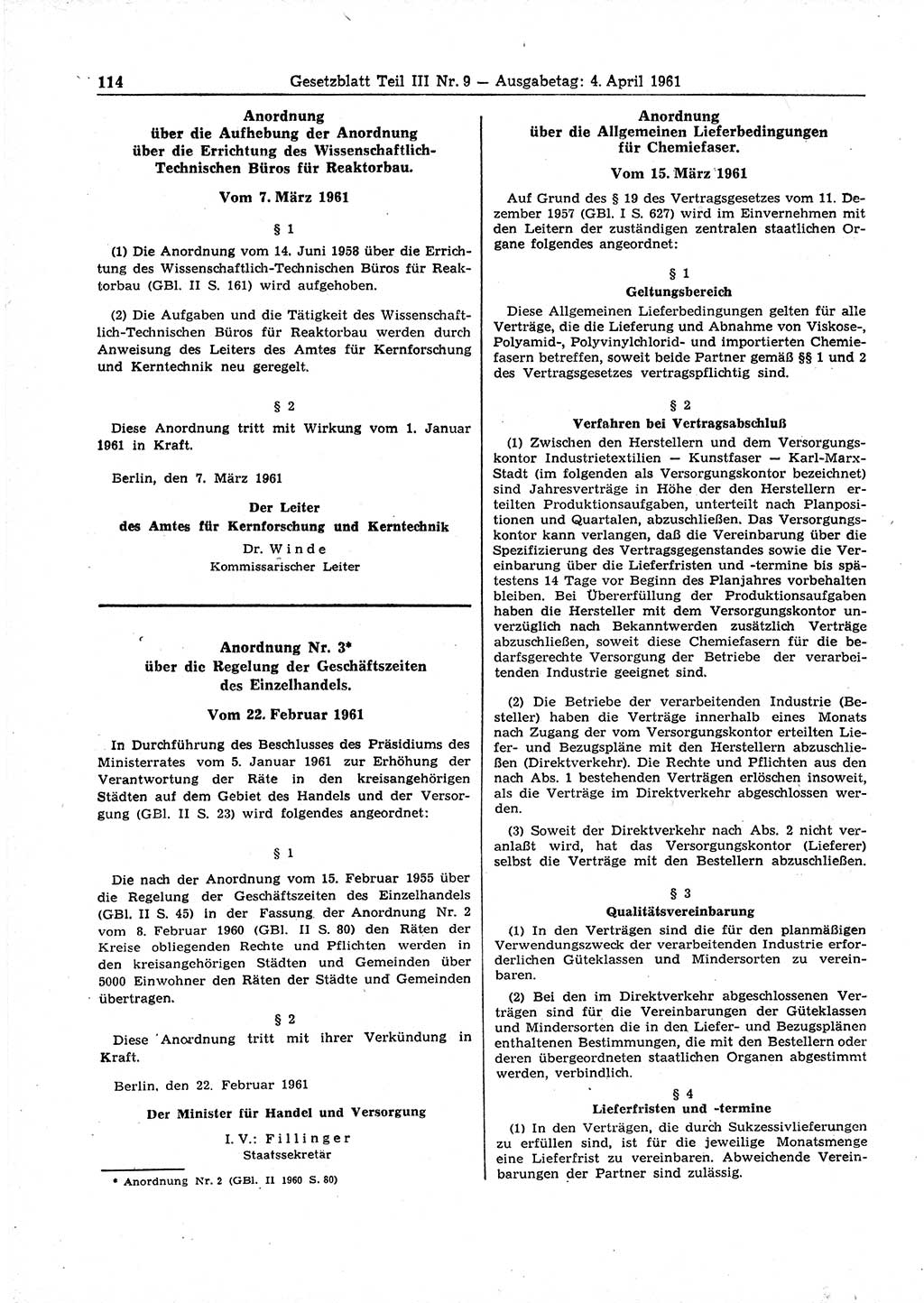 Gesetzblatt (GBl.) der Deutschen Demokratischen Republik (DDR) Teil ⅠⅠⅠ 1961, Seite 114 (GBl. DDR ⅠⅠⅠ 1961, S. 114)